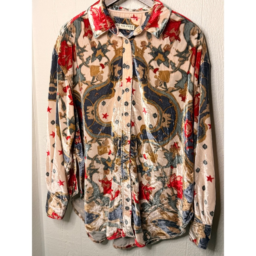 We The Free Velvet Button Down Shirt XS Multicolor Paisley Star Print